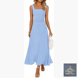 Summer Midi Dress Sleeveless Square Neck Pleated A-Line Business Casual